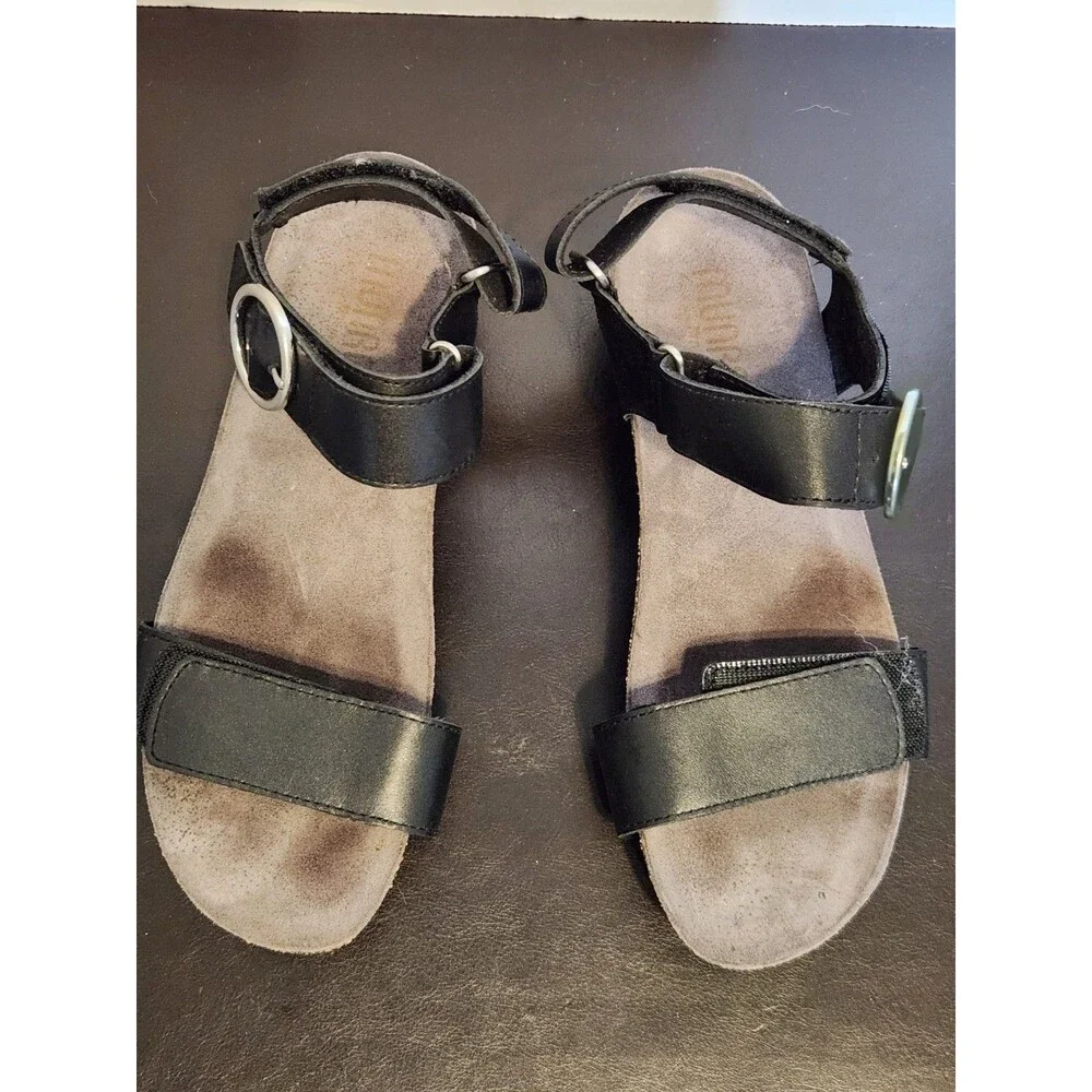 MUNRO Women's Wedge Black Leather Sandals, Size 7.5
